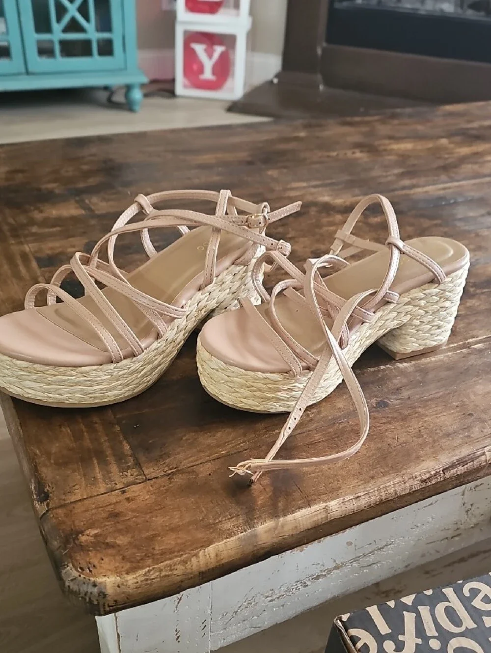 BAMBOO Blush Rose Gold Woven Platform Sandals